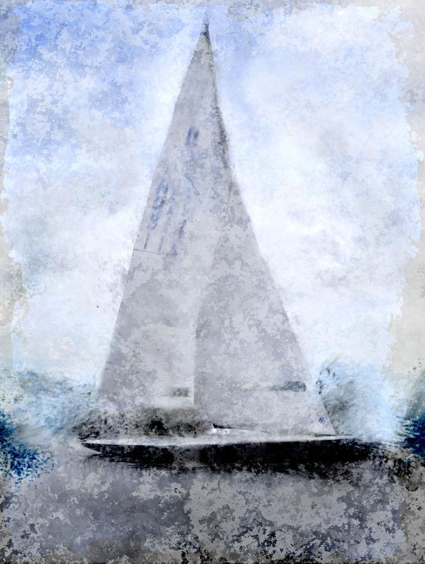 Kimberly Allen, In the Harbor (Segelboot, maritim, Meeresbrise, Meer, Gischt, Grafik, modern, zeitgenössisch, Treppenhaus, Badezimmer, Wohnzimmer, Wunschgröße, blau)