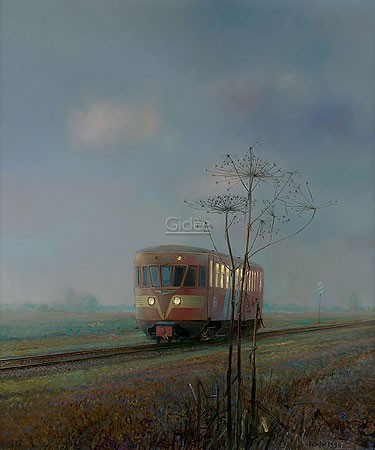 Rein Pol, The Blue Angel (Autumn) (Malerei, Landschaft, Natur, Eisenbahn, Lokomotive, Schienen, Gleise, Bahndamm, Einsamkeit, Herbst, Reisen, Urlaub, Wohnzimmer, Treppenhaus, bunt)