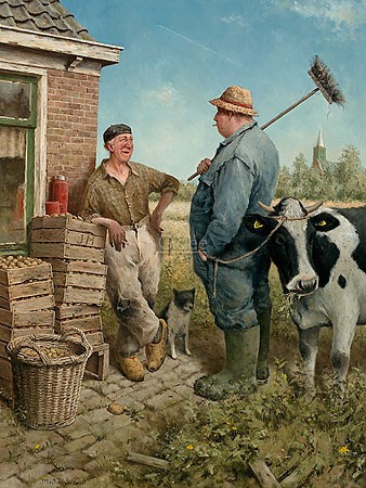 Marius van Dokkum, Tête a tête (Malerei, Karikatur, Menschen, Männer, Bauern, Fachgespräch, Bauernhof, Kuh, Männergespräch, lustig, komisch,  Treppenhaus, Wohnzimmer, bunt)