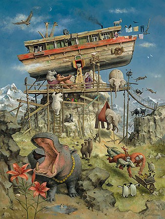 Marius van Dokkum, Noah's Ark (Malerei, Karikatur, Arche Noah, gestrandet, Berg Ararat, Tiere, Sintflut, Freude, komisch, lustig, Treppenhaus, Wohnzimmer, Jugendzimmer, bunt)