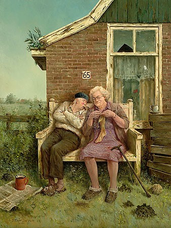 Marius van Dokkum, True Love (Malerei, Karikatur, Ehepaar, altes Ehepaar, Wahre Liebe, Socken stricken, Idylle, Gartenbank, Glücklich, komisch,Treppenhaus, Wohnzimmer, bunt)