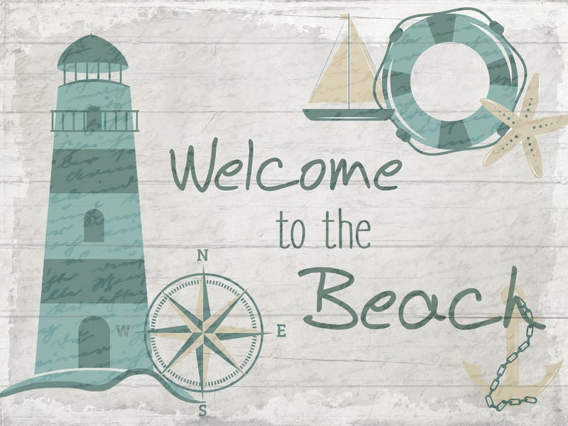 Kimberly Allen, Welcome to the Beach (Leuchtturm, Rettungsring, Kompass, maritim, Holzpanel,  Urlaub, Grafik,  Treppenhaus, Badezimmer, Wohnzimmer, Wunschgröße, beige/blau)