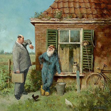 Marius van Dokkum, Rich people (Malerei, Karikatur, Armut, Reichtum, armer Mann, Landwirt, Bauer, reicher Mann, Geschäftsmann, komisch, Treppenhaus, Wohnzimmer, bunt)