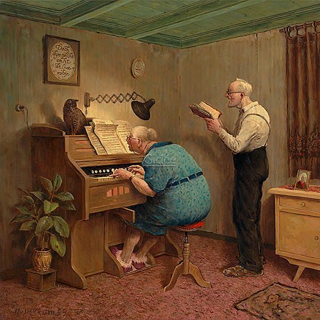 Marius van Dokkum, Those were the days (Malerei, Karikatur, Ehepaar, Hausmusik, Klavier, Gesang, gute Stube, kurzsichtig, Nostalgie, komisch, Treppenhaus, Wohnzimmer, bunt)