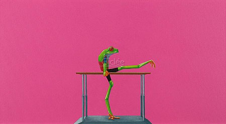 Jasper Oostland, Bridge (Malerei, Sport, Frosch, sportlicher Frosche, Barren, Turner, witzig, Lustig, Fitness, comic, Sportstudio, pink / bunt)