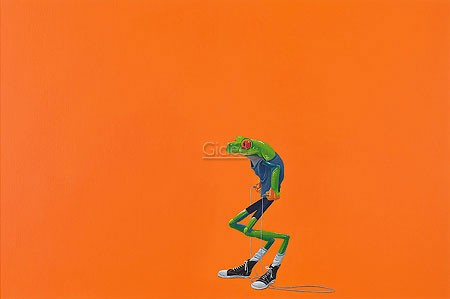 Jasper Oostland, Skipping-rope (Malerei, Sport, Frosch, sportlicher Frosche, Seilchenspringer, Turner, witzig, lustig, Fitness, comic, Sportstudio, orange / bunt)