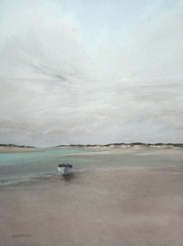 Peter Laughton, Forsaken Boat (Meer, Wasser, Himmel, Strand, Boot, Einsamkeit, verlassen, maritim, Malerei, Horizont, Wohnzimmer, Büro, Treppenhaus, Wunschgröße, bunt)