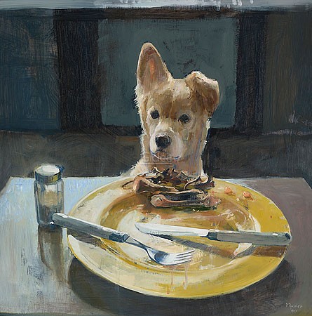 Pieter Pander, Robby with chicken bones (Malerei, Tiere, Tierportrait, Hund, Tisch, Esstisch, Teller, Hühnerknochen, Besteck, aufgegessen, Klappohr, Esszimmer, bunt)