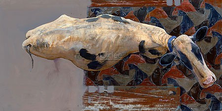 Pieter Pander, Cow (Malerei, Tiere, Tierportrait, Kuh gefleckte Kuh, Teppich, Aufsicht, Perspektive, Wohnzimmer, bunt)