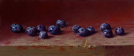 Jef Diels, Blueberry (Malerei, Stillleben, Früchte, Beeren, Blaubeeren, Heidelbeeren, Holztisch, roter Holztisch, abgewetzt, Küche, Esszimmer, Gastronomie, bunt)