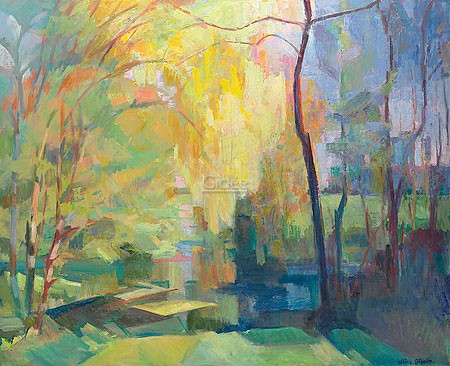 Hélène Grégoire, Rasquert II (Malerei, moderne Malerei, Niederlande, Dorf, Landschaft, Bäume, Garten, Park,  Farbfelder,  Sonnenlicht, dekorativ, Wohnzimmer, Treppenhaus, Arztpraxis, bunt)