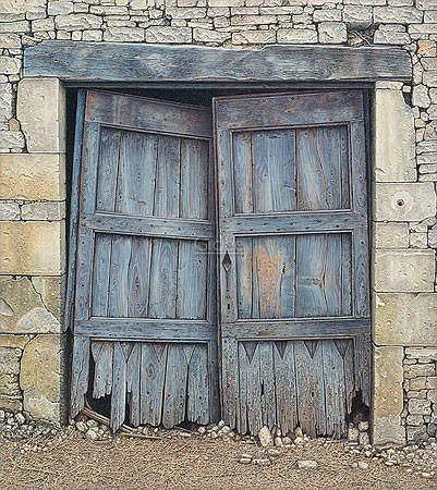 Aad Hofman, French doors (Malerei, Architektur, morbid, Nostalgie, Mauerwerk, Putz, bröckelndes Mauerwerk, Holztür, morsche Holztür, Verfall,   Wohnzimmer, Treppenhaus, Schlafzimmer, bunt)