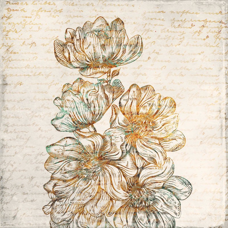 Kimberly Allen, Floral Notes 2 (Blüten, Blumen, Kalligrafie, Botanik, Grafik,  Wohnzimmer, Treppenhaus, Schlafzimmer, Wunschgröße, beige/gold)