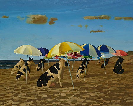 Bas Sebus, Cows on the beach (Malerei, Meeresbrise, Strand, Sonnenschirme, Kühe, Schatten, komisch, Spaß, lustig, witzig, absurd, surreal, Wohnzimmer, Treppenhaus, bunt)