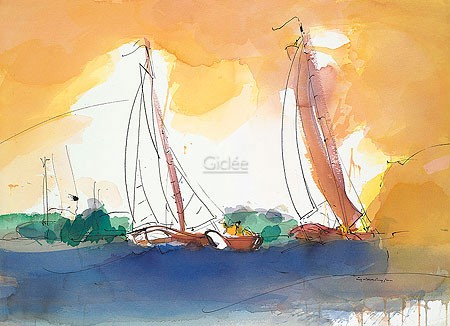 Ingrid Dingjan, Sailing in the sunset (Malerei, Meeresbrise, modern, Schifffahrt, Sonnenuntergang,  maritim, Segelboote, Reagatta, Wind, Abstraktion, Farbverläufe, Wohnzimmer, Arztpraxis, bunt)