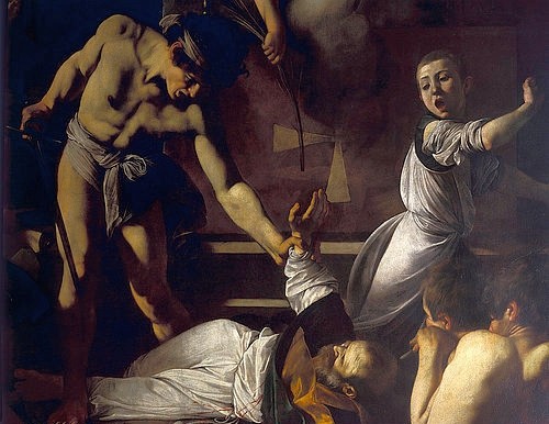 Michelangelo Merisi da Caravaggio, Martyrium des Evangelisten Matthäus. Detail. Ca. 1598-1600. (Heiliger, Evangelist, Tod, Folter, Palmwedel, Detail, Religion, Christentum,  Neues Testament, Bibel, Hell-Dunkel, Barock, Klassiker, Malerei, Wunschgröße, Wohnzimmer)