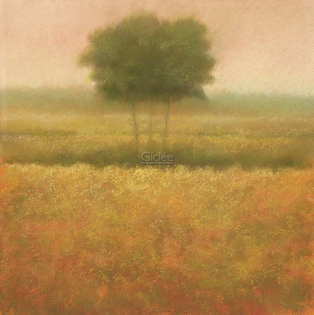 Hans Dolieslager, Yellow Field (Malerei, Landschaften, Natur, Bäume, Felder, gelbes Feld, gelbe Pflanzen, Getreide, Dunst, diffus, Wohnzimmer, Treppenhaus, gold / gelb)