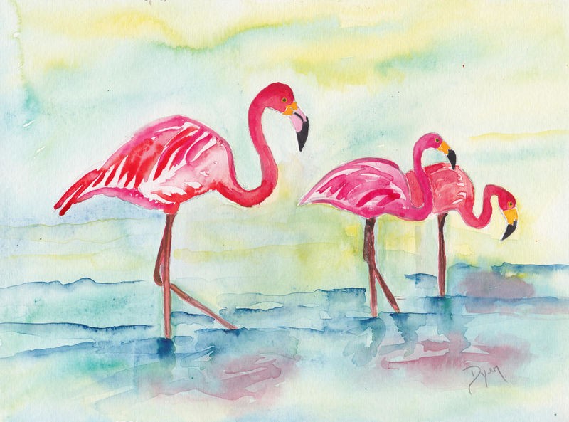 Beverly Dyer, Sunset Flamingoes I (Flamingos, rosa Flamingos, Sonnenuntergang, zeitgenössisch, Aquarell, Wohnzimmer, Treppenhaus, Malerei, Wunschgröße, bunt)