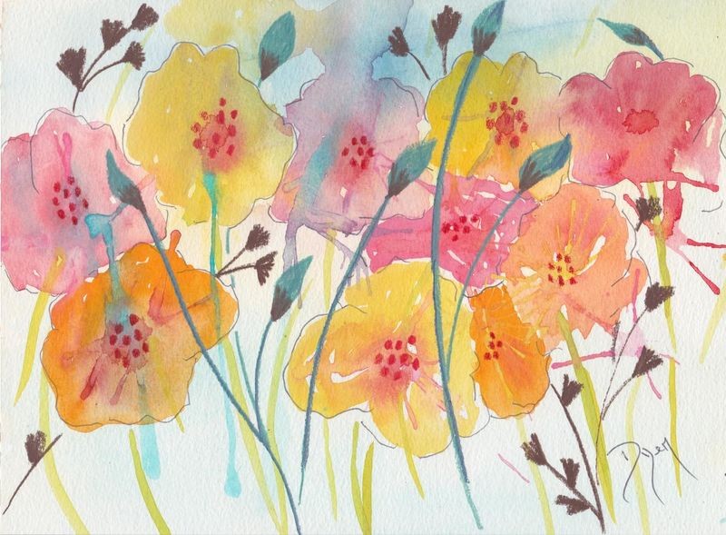 Beverly Dyer, Spring Party I (Blüten, Blumen, Frühling, verspielt, Grafik, Wohnzimmer, Treppenhaus, Malerei, Wunschgröße, bunt)
