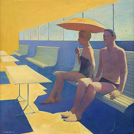 Rudolf Hagenaar, Beach cafe (Malerei, Modern, Pavillon, Paar, Mann, Frau, Strand, Cafe,Sonne, Sonnenschirm, Urlaub, relaxen, Wohnzimmer, Treppenhaus, gelb, blau)