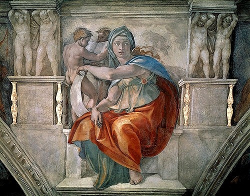 MICHELANGELO BUONARROTI, Deckenfresko der Sixtinischen Kapelle. Detail: Delphische Sibylle. 1508-1512. Zustand vor der Restaurierung. (Sibylle, Prophetin, Wahrsagerin, Weisheit, Klassiker, Renaissance, Fresko, Deckengemälde, Sixtinische Kapelle, Wunschgröße, bunt)