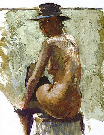 Ben Snijders, Rita with hat (Malerei, Aktmalerei, nackte Frau mit Hut, Erotik, Rückenakt, reizvoll, impressionistisch, Schlafzimmer, bunt)