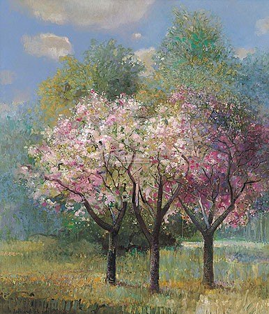 Rein Pol, Spring blossum (Malerei, Landschaft, Natur, Frühling, Baum, Blüten, blühender Baum, rosa Blüten, Obstbäume,  Wohnzimmer, Treppenhaus, Arztpraxis, bunt)