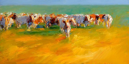 Dinie Boogaart, Red cows in summery light (Malerei, Landschaft, Niederlande, Kühe, Nutztiere, Tiere, Weide, Sommer, Sommerlicht, impressionistisch, Wohnzimmer, bunt)