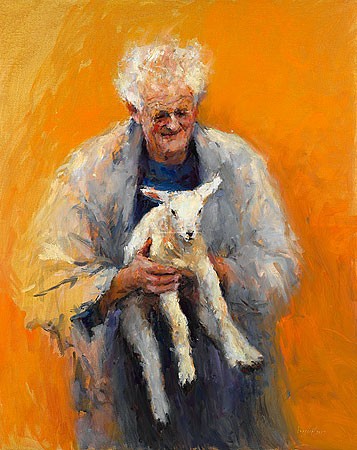 Dinie Boogaart, Old man with lamb (Malerei, Menschen,  Mann, Greis, alter Mann, Bauer, Lamm, People & Eros, impressionistisch, Wohnzimmer, bunt)