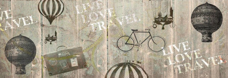 Kimberly Allen, Live Love Travel 2 (Reisen, Fortbewegung, Ballon, Fahrrad, historisch, Nostalgie, Grafik, Panel, Wohnzimmer, Treppenhaus, Schlafzimmer,  Wunschgröße, beige/grau)