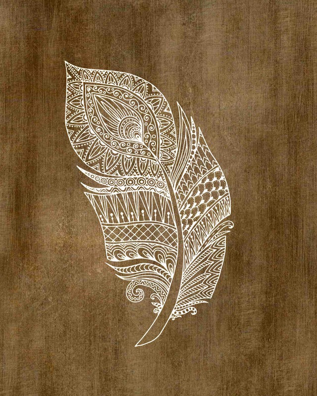 Kimberly Allen, Ethnic Feather 3 (Feder, Vogelfeder, ethnische Muster, filigran, Grafik,  Treppenhaus,  Wohnzimmer, Schlafzimmer, Wunschgröße, braun/beige)