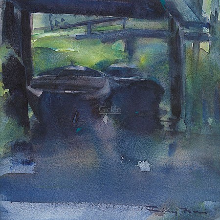 Riny Bus, Punts (Malerei, Aquarell, Fluss, Stechkann, Flussboot,  Fluss, Stellplatz, Abendlicht, Schlafzimmer, Wohnzimmer, blau / bunt)