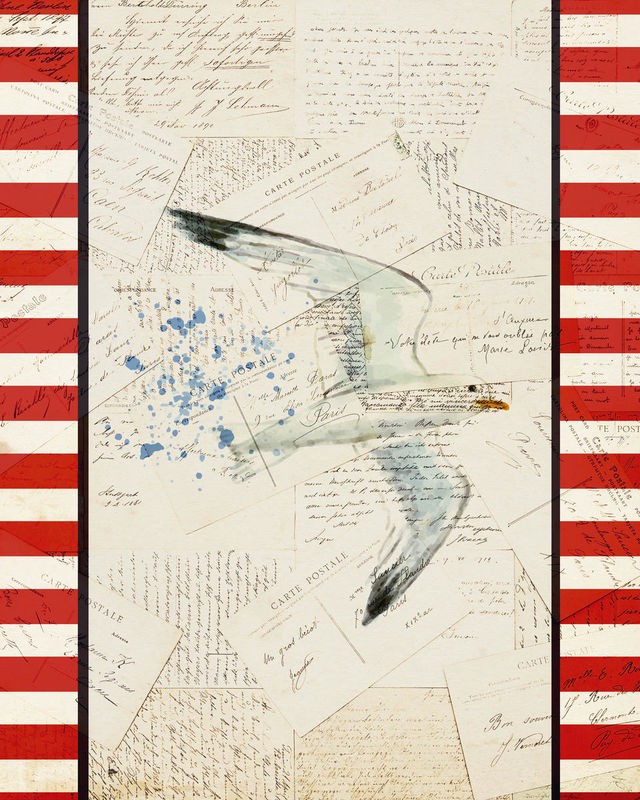 Kimberly Allen, Postcards from the Sea 3 (Möwe, Seevogel, Meeresbrise, Kaligrafie, Postkarte, maritim, Nostalgie, Grafik, Treppenhaus, Badezimmer, Wohnzimmer, Wunschgröße,  weiß, rot)
