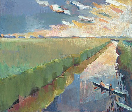 Hélène Grégoire, Canoes (Malerei, moderne Malerei, Niederlande,  Landschaft, Kanal, Boote, Kanus, Wasser, Wassersport, Farbfelder, Schilf, Sonnenlicht, dekorativ, Wohnzimmer, Treppenhaus, Arztpraxis, bunt)