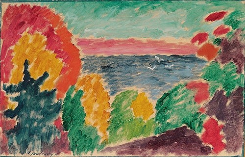 Alexej von Jawlensky, Landschaft am Genfer See. 1914 (Landschaft,Expressionismus,Öl/Leinwandkarton,Christie's Images Ltd,1864-1941,Jawlensky,Alexej von,Alexej von Jawlensky,Blauer Reiter,Saint-Prex,farbenfroh,Farben,See,Möwen,Landschaft)