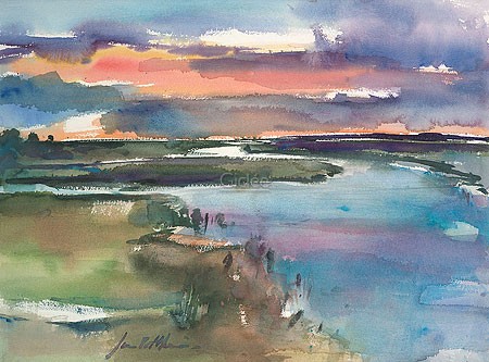 Jan Velthuis, Lauwersmeer (Malerei, modern, Aquarell, Landschaft, Meeresbrise, Meer, Sonnenuntergang, Farbenspiel, Schlafzimmer, Wohnzimmer, bunt)