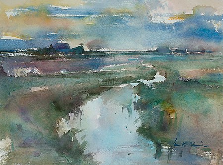 Jan Velthuis, Behind the dike (Malerei, modern, Aquarell, Landschaft, Meeresbrise, Deichlandschaft, Flachland, Ebene, bach, Farbenspiel, Schlafzimmer, Wohnzimmer, bunt)