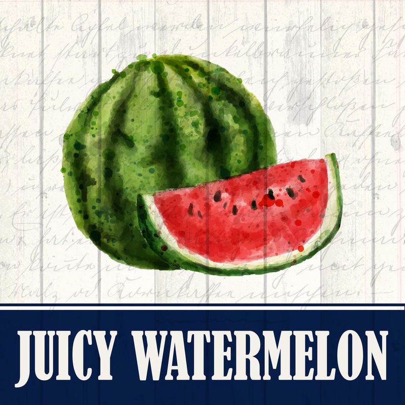 Kimberly Allen, Juicy Watermelon (Wassermelone, Früchte, Obst, Holzpanele, Küche, Esszimmer, Treppenhaus, Wunschgröße, Malerei, bunt)