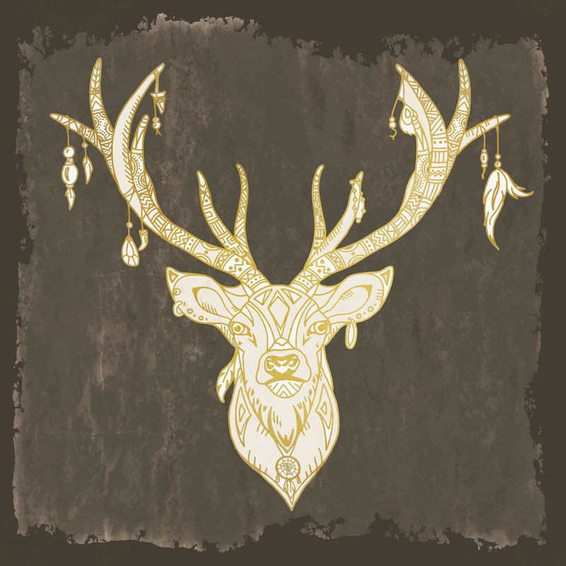 Kimberly Allen, Native Buck (Hirsch, Geweih, ethnische Muster, tribals, Ohrringe, modern, stilisch, Wohnzimmer, Jugendzimmer, Treppenhaus, Wunschgröße, Malerei, gold/grau)