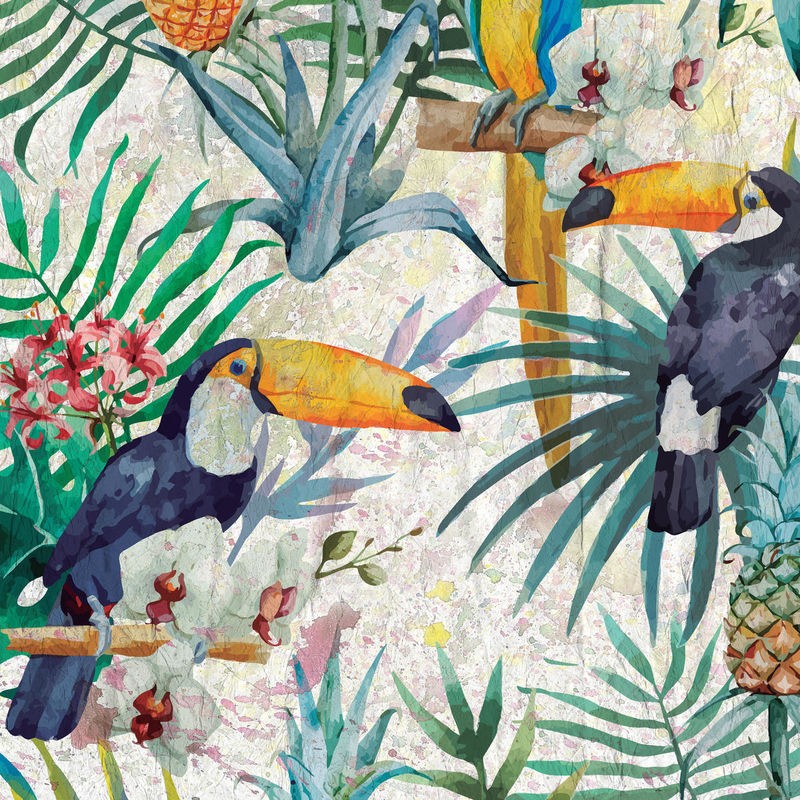 Kimberly Allen, Tropical Life 1 (Tukane, Vögel, Exotisch, Blumen, Pflanzen, Urwald,  Wohnzimmer, Treppenhaus, Schlafzimmer,  Wunschgröße, bunt)