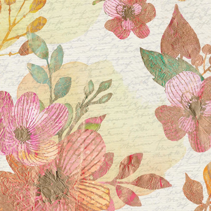 Kimberly Allen, Springtime 1 (Blumen, Briefpapier, Frühling, Frankreich, Kalligrafie, Nostalgie, Grafik, Wohnzimmer, Treppenhaus, Schlafzimmer,  Wunschgröße, blass/bunt)