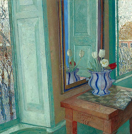 Matthijs Röling, Interior with Tulips (Malerei, Modern, Innenraum, Interieur, Fenster, Ausblick, Garten, Frühling, Stillleben, Blumenvase, Tulpen, Wohnzimmer, Schlafzimmer, bunt)