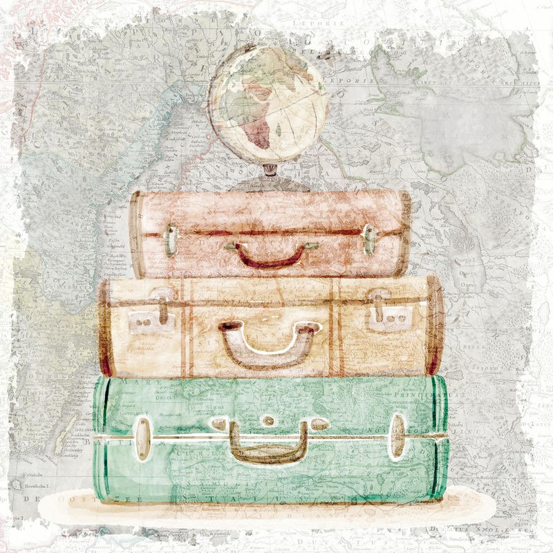 Kimberly Allen, World Traveler 1 (Koffer, Globus, Reisen, Weltreisen, Nostalgie, Retro, Vintage, Treppenhaus, Wohnzimmer, Wunschgröße, bunt)