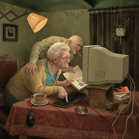 Marius van Dokkum, Keeping up with the Times (Malerei, Karikatur, Ehepaar, moderne Technik, Computer, handbuch, Herausforderung, gute Stube, kurzsichtig, Nostalgie, komisch, Treppenhaus, Wohnzimmer, bunt)