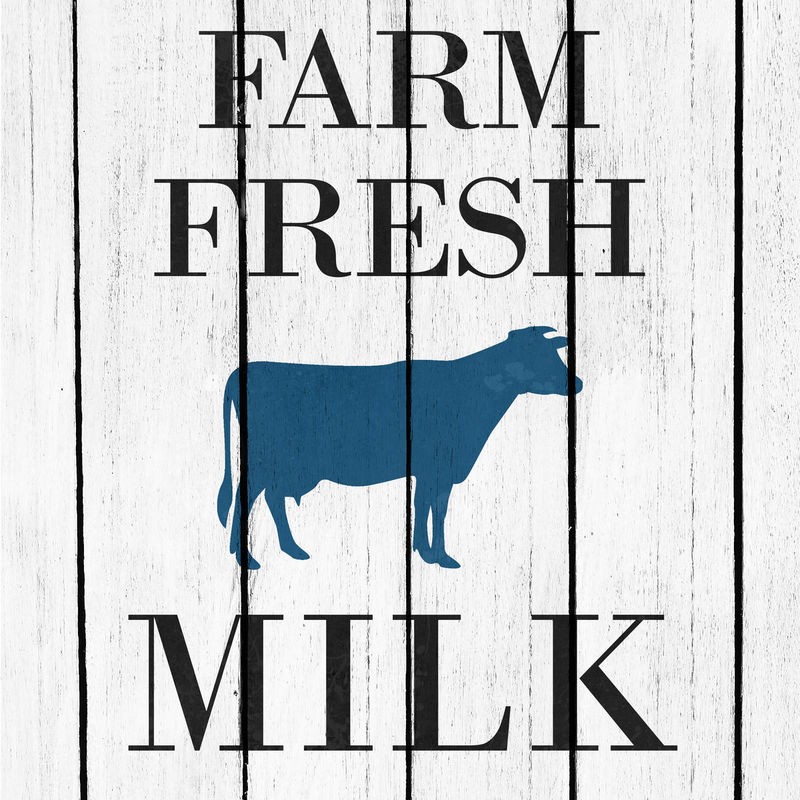 Kimberly Allen, Farm Fresh Milk (Schild, Werbung,Milch, Farm, Kuh, Milchkuh, Tier, Nutztier, Silhouette, Holzpanele, Küche, Esszimmer, Treppenhaus, Wunschgröße, Malerei, schwarz/weiß/blau)