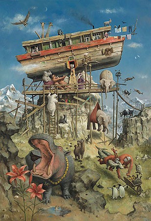 Marius van Dokkum, Noah's Ark (Malerei, Karikatur, Arche Noah, gestrandet, Berg Ararat, Tiere, Sintflut, Freude, komisch, lustig, Treppenhaus, Wohnzimmer, Jugendzimmer, bunt)