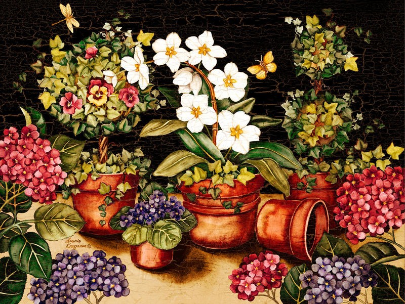 Laurie Korsgaden, My Garden (Blumentöpfe, Blumen, Stillleben, Gartenblumen,  Wunschgröße, Malerei, Esszimmer, Küche, Wohnzimmer, Treppenhaus, bunt)