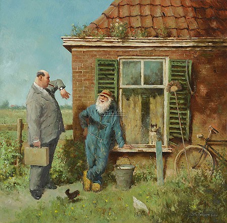 Marius van Dokkum, Rich people (Malerei, Karikatur, Armut, Reichtum, armer Mann, Landwirt, Bauer, reicher Mann, Geschäftsmann, komisch, Treppenhaus, Wohnzimmer, bunt)