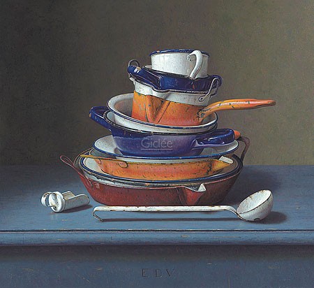 Eric De Vree, Enamel pile (Malerei, Stillleben, Töpfe, Pfannen, Schöpflöffel, Emaille, Topfstapel,  Nostalgie, Küche, Esszimmer, bunt)