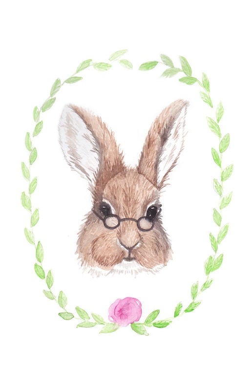 Pam Varacek, Bespectacled Bunny (Hase, Meister Lampe, Brille, Blätterkranz, Portrait, Tierportrait,  Studie,Treppenhaus, Wohnzimmer, Grafik, Wunschgröße, bunt)